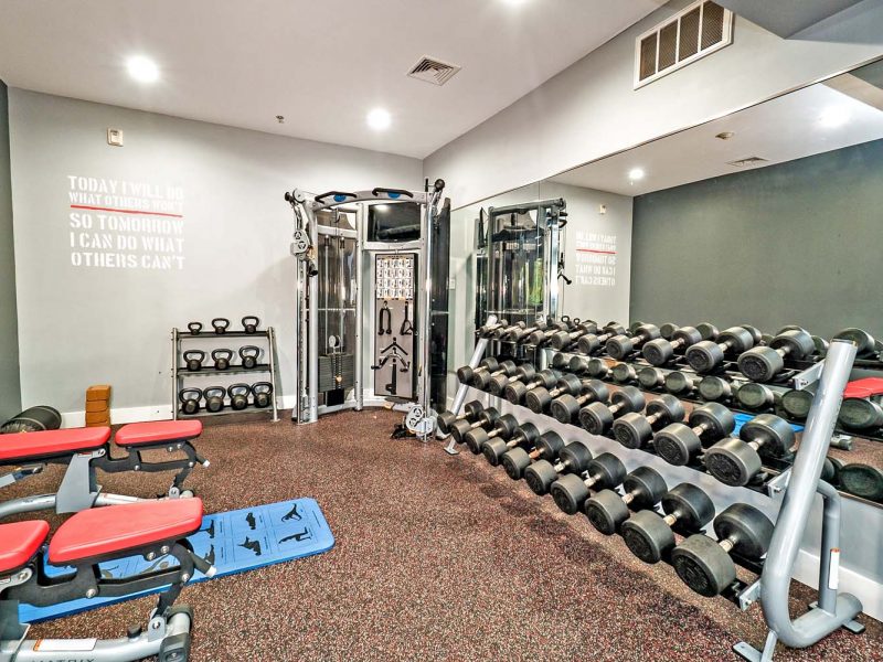 This image showcase the commercial fitness with State-of-the-art 2-level athletic club with Matrix Series 7xi equipment that is essential for community amenities. It offers different weightlifting types of equipment, special abs equipment, and spin bikes that could fulfill the needs of fitness enthusiasts and professionals.